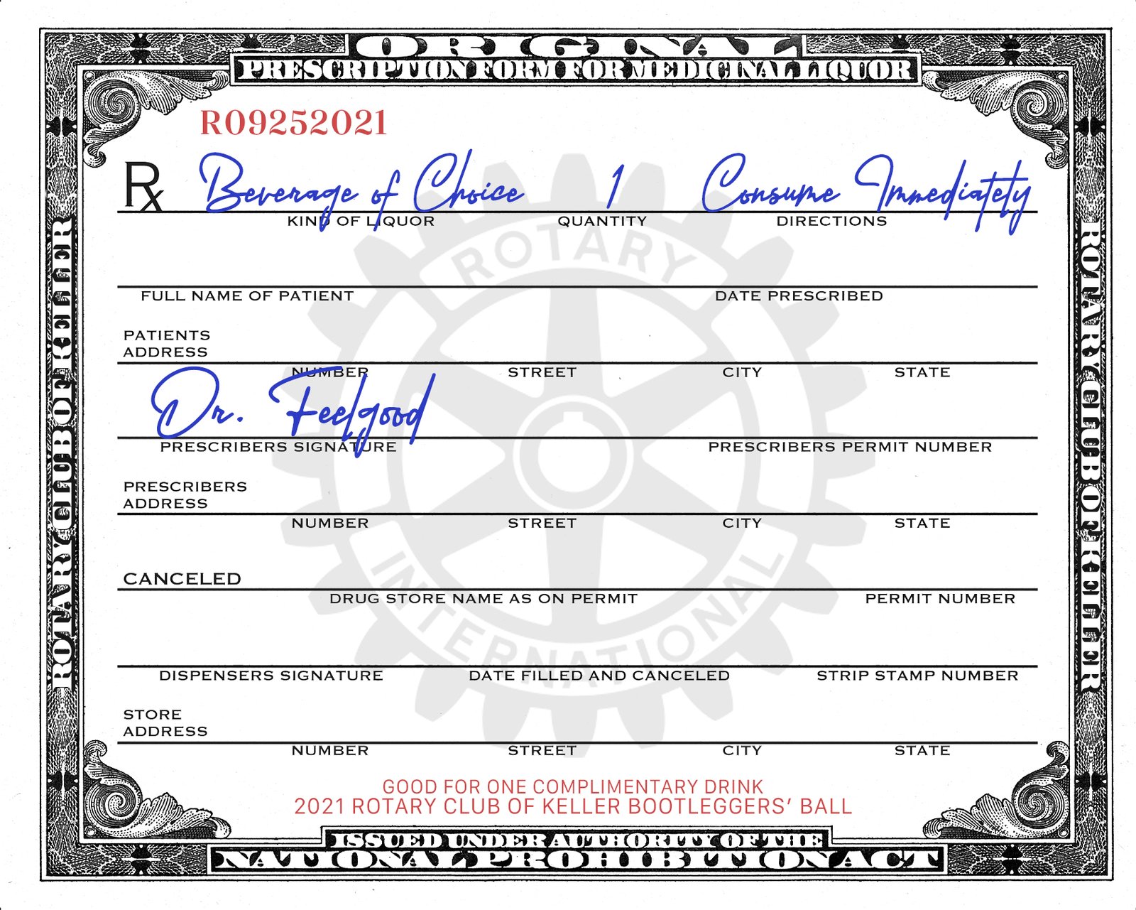 Keller Rotary Club Bootleggers' Ball Prescription drink ticket